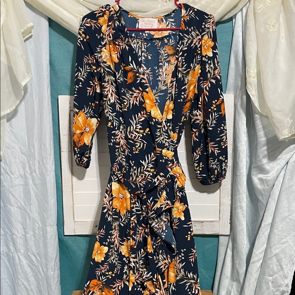 Floral Long Sleeve Dress in Navy and Orange